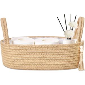 ABenkle Small Storage Basket, Jute Rope Woven Toilet Paper Tray Organizer for Toilet Tank Top, Boho Bathroom Decor Holder for Shelf Bedroom Living Room -13x6x4 Inches