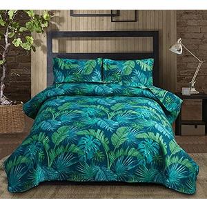 Tropical Green Palm Tree Leaf Print Bedspread Set - Queen Size Reversible Quilts with Pillow Shams