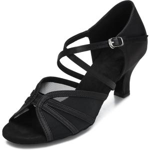 Women's Ballroom Dance Shoes Latin Salsa Dancing Shoes Cross Strap 2.5inch Heel 3inch Heel ZB04 (8.5, Black-2.5 Inch Heel)