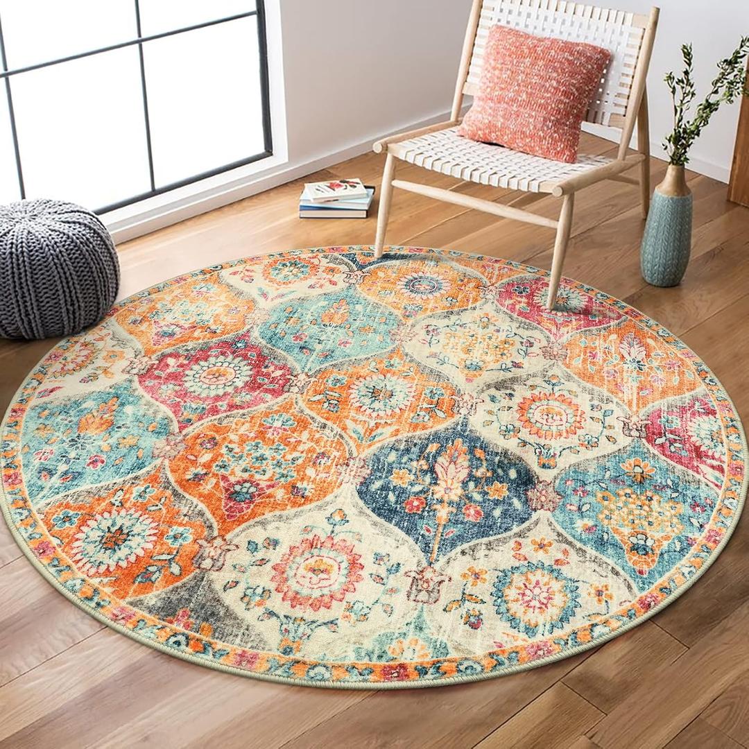 Lahome Moroccan Trellis Washable Round Rugs, Non-Slip Soft Round Rug 4ft Ultra-Thin, Small Vintage Circle Carpet for Entryway Kitchen Bedroom Nursery Bathroom Elise, Cream/Multi