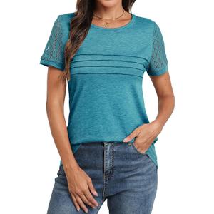 Memorose Women's Short Sleeve Shirts Lace Dressy 2025 Spring Summer Tops Trendy Vacation Casual Work Blouses (X-Large, Bluegreen02)