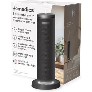 Homedics SereneScent Waterless Essential Oil Diffuser, Cordless Rechargeable Aromatherapy Diffuser for Home, Large Room Scent Machine, Timer, App Control, 6 LED Lights, No Water Needed, Black