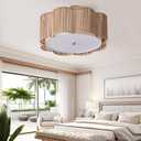 17.7" Rattan Flush Mount Ceiling Light, 3-Light Boho Close to Ceiling Light Fixtures, Rattan Bedroom Ceiling Light, Farmhouse Large Drum Chandelier for Dining Room, Kitchen, Hallway(Yellow)