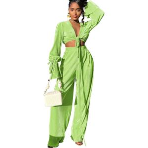 Casual Sexy 2 Piece Outfit for Women Dressy Linen Long Sleeve V Neck Top Y2K Flare Pleated Wide Leg Pants Sets Beach Vacation (XX-Large, Green)