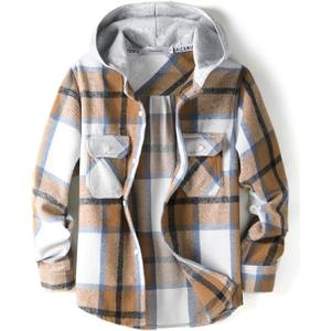 Boys Girls Casual Flannel Plaid Hoodies Spring Fashion Button Down Shirts Long Sleeve Cute Lightweight Jacket Coats (13-14 Years, Dark Khaki Blue B)