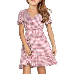 UMEKO Girls Polka Dot Print Midi Dress Button Down V Neck Short Sleeve Ruffle Casual Dresses (9-10 Years, Y-pink)