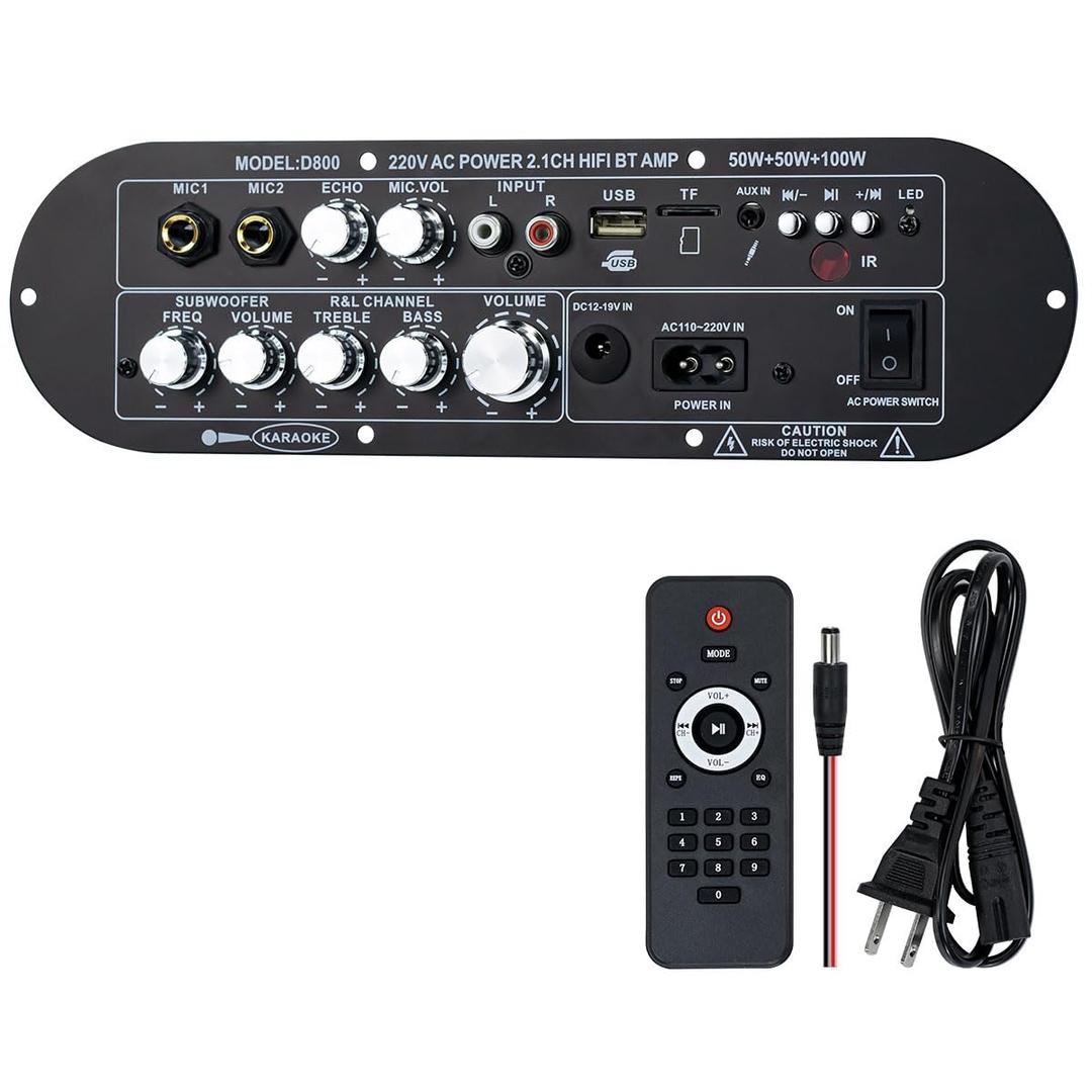 Hosyond D800 Bluetooth Receiver Amplifier 2.1 Channel 50W2 + 100W Subwoofer, Hi-Res Audio Class D Amp with USB/AUX/USB Input, Bass Treble Control for Home Theater DIY Speakers