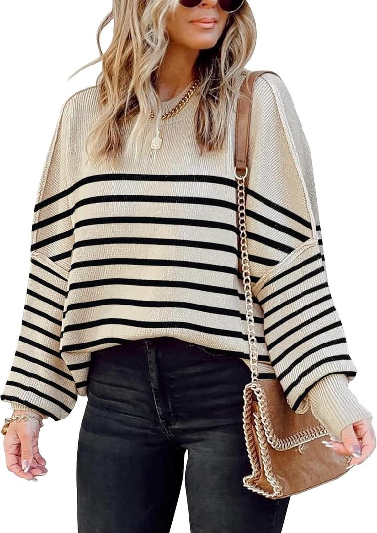 Womens Sweaters Causal Crewneck Batwing Sleeve Knit Top Side Split Oversized Pullover Sweater Loose Jumper (Medium, Strikhaki)
