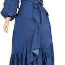utcoco Womens Casual Belted Long Sleeve Denim Dress Wrapped V-Neck Ruffle Hem Maxi Denim Dresses for Women 2025 Size L