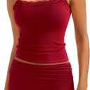 SUUKSESS Women 2 Piece Lounge Sets Shorts Pajama Set Lace Trim Cami Tank Top (X-Large, Wine Red)