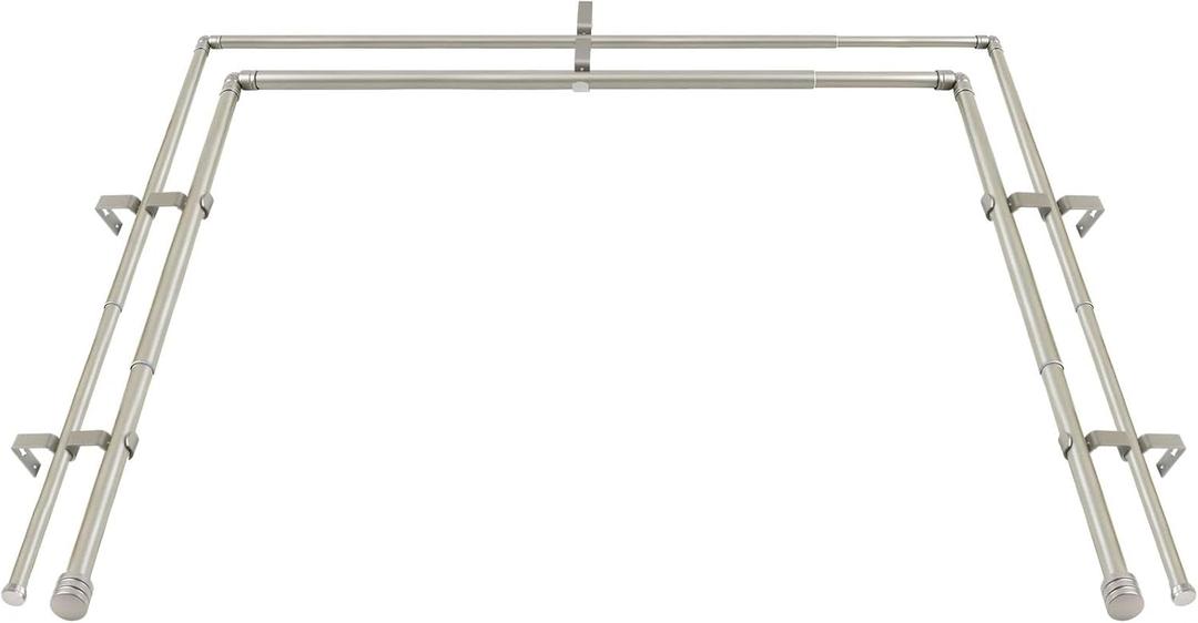 1 Inch Heavy Duty Double Bay Window Curtain Rod,36-72 Inch Telescoping Center Rod, 20-36 Inch Adjustable Side Rod Set, Antique Silver, End Cap Finials