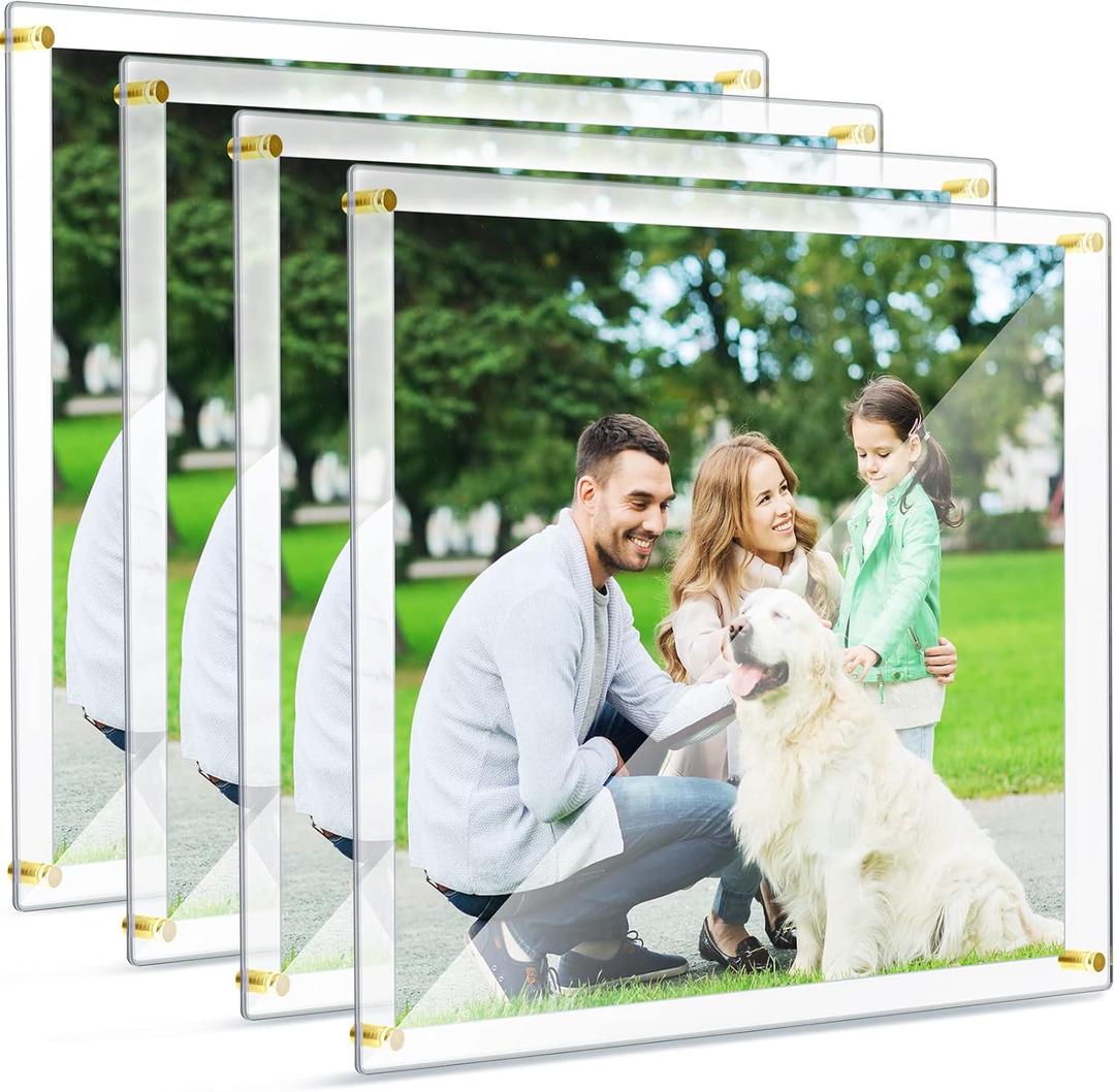 Chunful 4 Packs 16 x 20 Inch Floating Acrylic Frame Clear Frameless Picture Frame Wall Mount Double Panel for Photo Artwork Certificates Diplomas Poster Display(Gold Accessories)