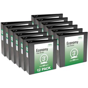 Office Essentials Economy View 3 Ring Binders, 3" Round Rings, 3.5" Spine, 460-Sheet Capacity, Black Binders (12-Pack of 03431)