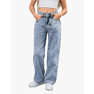 MakeMeChic Girl's Denim Pants High Waisted Straight Leg Jeans with Pockets, Size 11