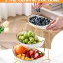 Fruit Bowl for Kitchen Counter, 3-Tier Fruit Basket, Ceramic Fruit Bowl with Metal Stand for Fruit, Vegetable Storage, Snack, Nuts, Dessert, Cake, Stylish & Cute