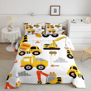 Feelyou Cartoon Car Comforter Set Kids Construction Comforter for Boys Equipment Trucks Bedding Set Breathable Cartoon Yellow Car Excavator Tractor Duvet Set Room Decor Twin Size with 1 Pillow Case