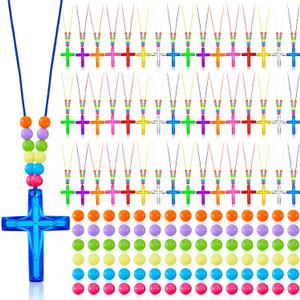 Equsion 624 Pcs Crystal Cross Necklace Plastic DIY Easter Christian Religious Party Favors for Kids Include 48 Pcs Crystal Cross Necklace with 576 Colorful Bead for Christian Easter Bible Prize Favor