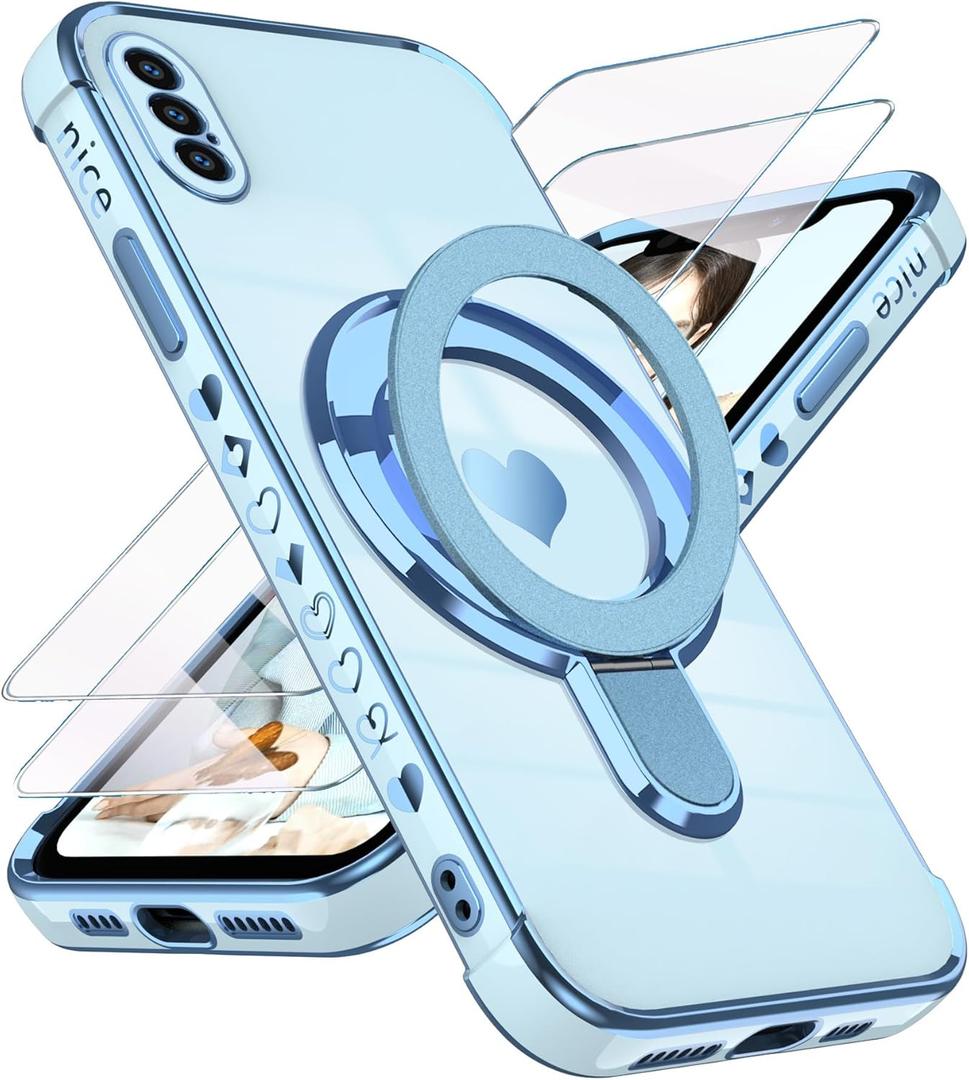 Liufcx for iPhone Xs Max 6.5" Love Heart Kickstand Case with 2X Screen Protector: Luxury Plated Gold Edge Slim Soft TPU Shockproof Protection Case Cover for iPhone Xs Max (Blue)