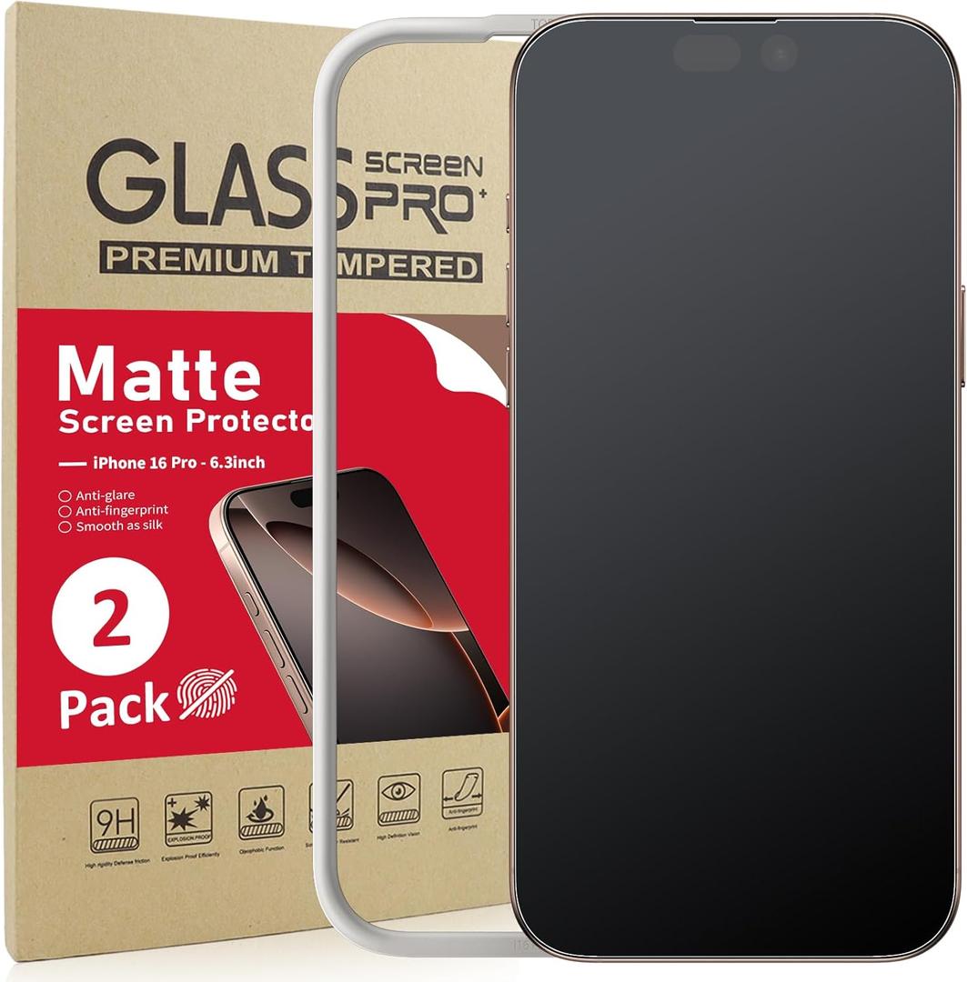 Ambison [2 Pack Matte Glass Screen Protector Compatible for iPhone 16 Pro, Dynamic Island Compatible/Anti-Glare [No Bubbles] Install Frame/Smooth as Silk, iPhone 16 Pro 6.3inch 2024