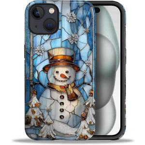 Case for iPhone 15, PC Hard Shell & Silicone Inner Bumper, Anti-Scratch Full-Body Cover Shockproof Slim Design -Cute Snowman Stained Winter Christmas