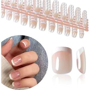 120Pcs 5 Pack Children ABS Plastic Fake Nails Press on Full Cover IKISKT Classic French Color Short False Nail Art Kits Sets Great Christmas Gift for Kids Girls Women
