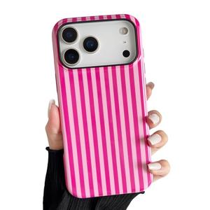 Longlayss Compatible with iPhone 17 Pro Max Case Cute Aesthetic Striped Phone Case for Women Girl Shockproof Slim TPU and Hard PC Protective Cover (Hot Pink)