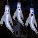 JOYIN 3 pcs Halloween Outdoor Decoration 47” Lighted White Ghost Windsock Hanging Decorations for Yard Tree Porch Halloween Outdoor Decoration