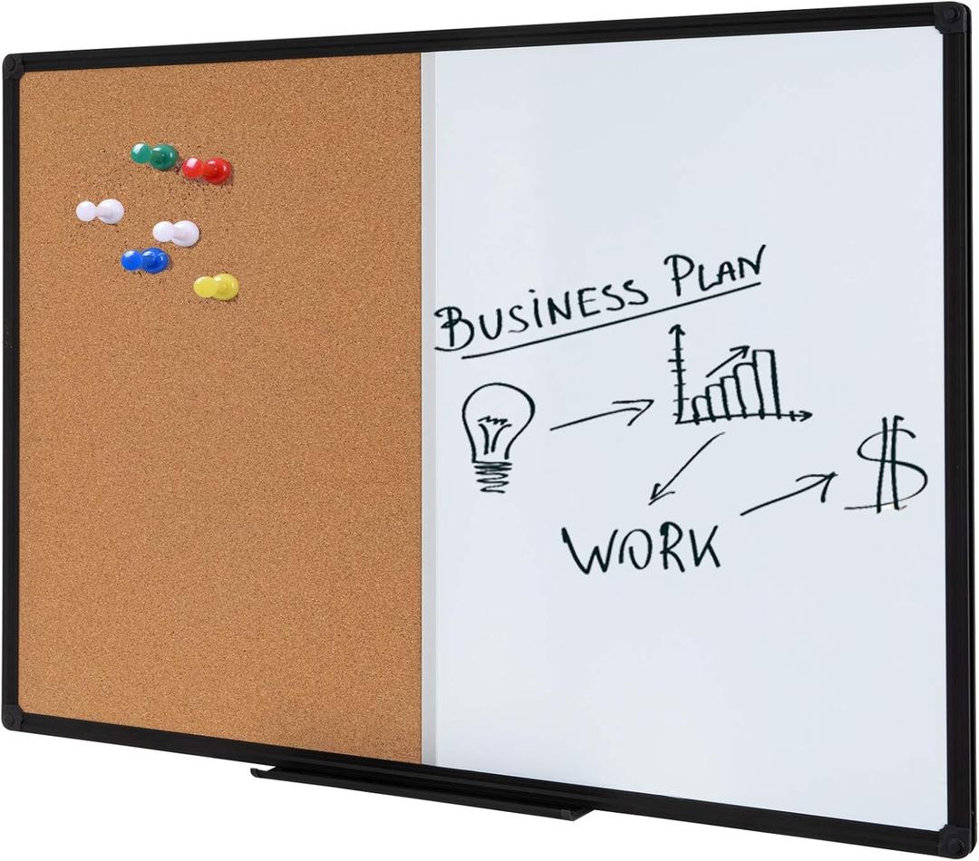 48 x 36 Inch Magnetic Whiteboard and Cork Combo Board, Wall Mounted Half Dry Erase Board & Cork Board Combination Board, Black Aluminum Frame