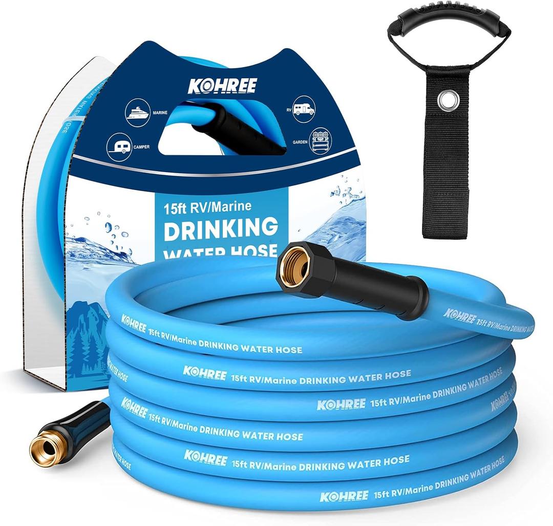 Kohree 5/8" x 15 Ft RV Water Hose, Premium Drinking Water Hose with No-Kink Design, Leak Free, Lightweight, Short Garden Hose 15 ft with Strap, Ideal RV Accessories for RV, Camper, Garden - Blue