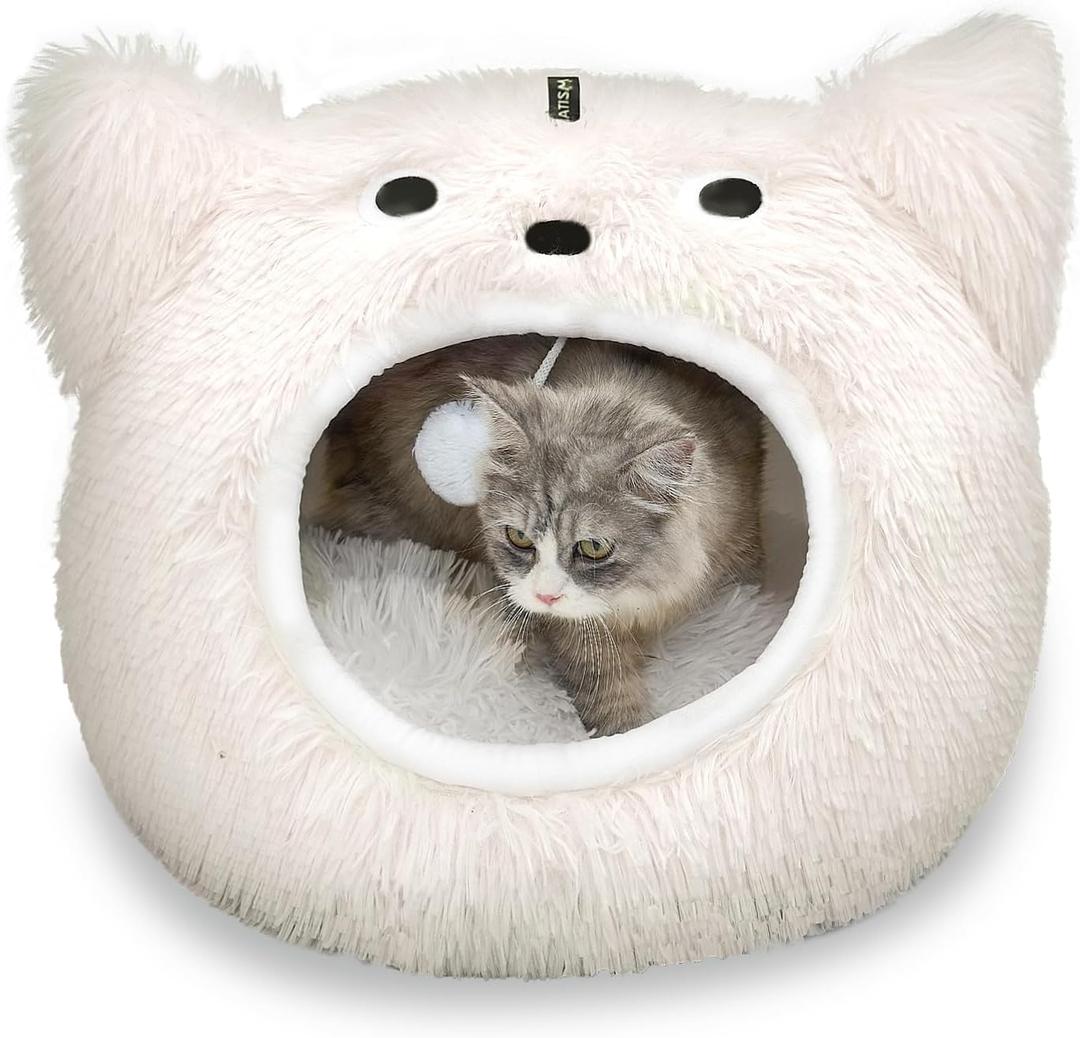 CATISM Cat Bed, Cat Beds for Indoor Cats, Cats Bed Cave for Indoor, Cozy Hooded Beds with Soft Cushion, Removable Washable (Large, White)