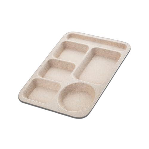 ZGWANSUI Wheat Straw Divided Plates, 5 Compartment Plates Reusable, Plastic School Lunch Tray with Dividers for Adults, Food Section Plates Diet Dinner Serving Platter, Dishwasher Safe (Beige) 12Pack