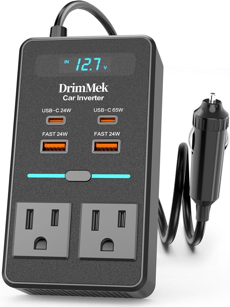 300W Car Power Inverter, DC 12V to 110V AC Car Plug Adapter with LED Display, 65W/24W USB-C Fast Charging Car Outlet Adapter to Wall Plug,Portable Car Charger with Switch Control Converter for Laptops