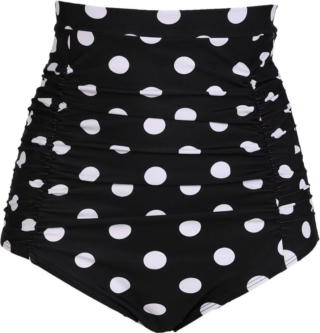 COCOPEAR Women's Ruched High Waisted Bikini Bottom Retro Vintage Swim Short Tankinis (XX-Large, Polka Dot Black)
