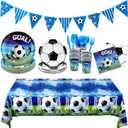 Kochorie 170 Pieces Soccer Birthday Party Decorations Soccer Paper Plates Napkins Cups Cutlery Tablecloth Triangle Flags Banner for Sports Themed Birthday Party Supplies, Serve 24 Guests