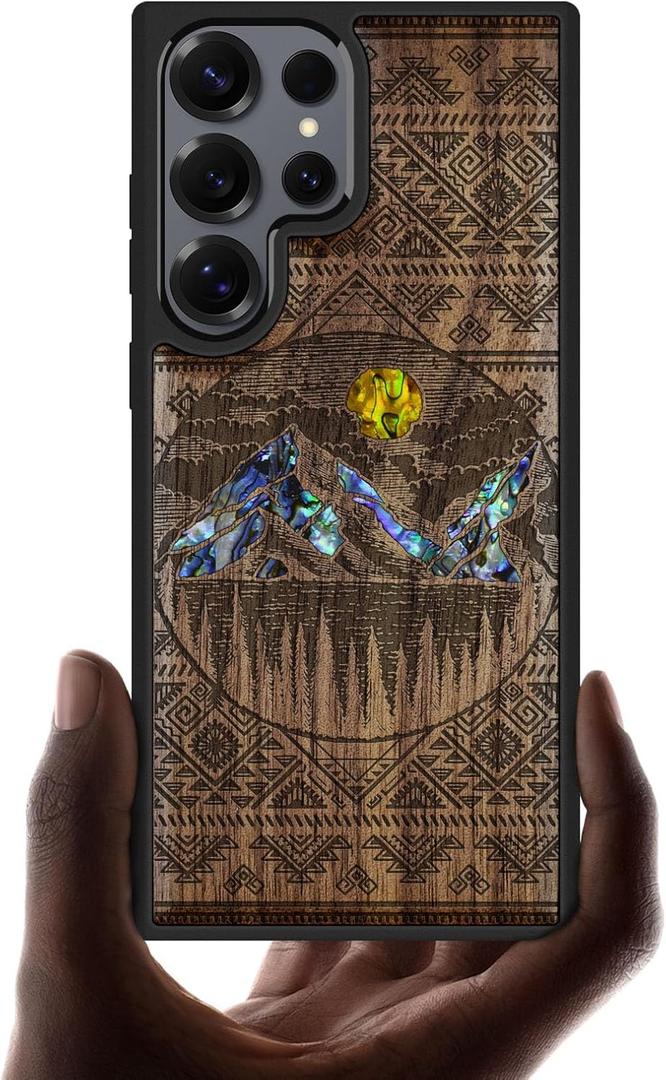 Carveit Magnetic Wooden Case for Samsung Galaxy S25 Ultra Case, Wood Artisan Engraved & Handmade Shell Inlaid, Compatible with MagSafe Wireless Chargers (Aztec Style Alpine Lakes) Walnut
