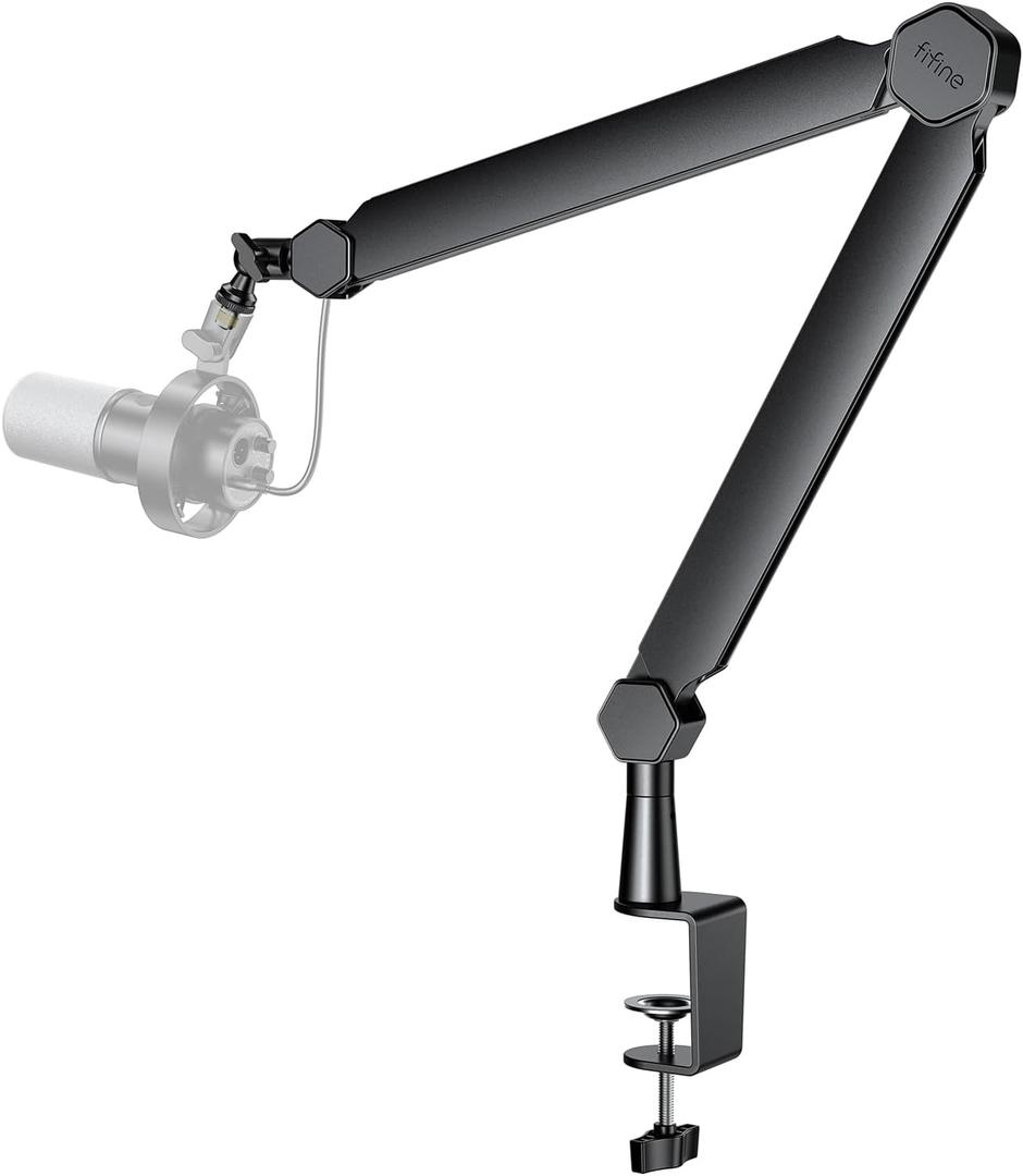 FIFINE Mic Arm Stand, Microphone Boom Arm with Desk Clamp, Cable Channels, 3/8" to 5/8" Threads, Heavy Metal Microphone Stand for Podcast, Vocal Recording, Gaming-BM66 Black