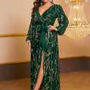Women's Plus Sized Long-Sleeved Sequined Dress V-Neck Design high Slit Oversized Skirt Formal Ball Gown Party Evening Dress (Green, XXXL)