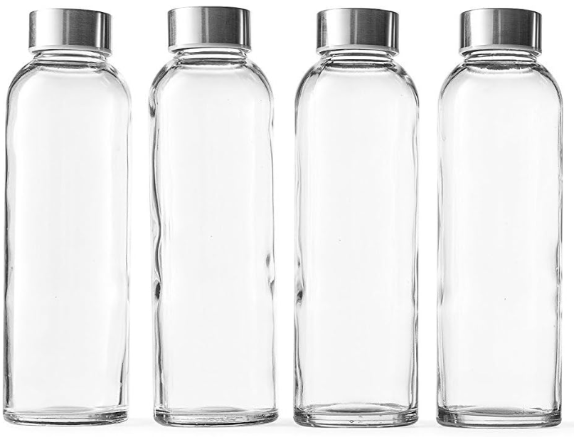Epica Clear Glass Bottles with Lids, 18oz Resuable Glass Water Bottles for Juicing with Stainless Steel Cap to store Milk, Smoothie, etc., 100% Leak Proof, Durable and Dishwasher Safe (Set of 4)