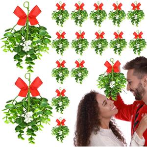Dingion 18 Pcs Christmas Hanging Mistletoe Decor Ornament Christmas Mistletoe Ornaments Bouquet Handmade Mistletoe Decoration Artificial Mistletoe Pick for Xmas Home Outdoor Floral Garland