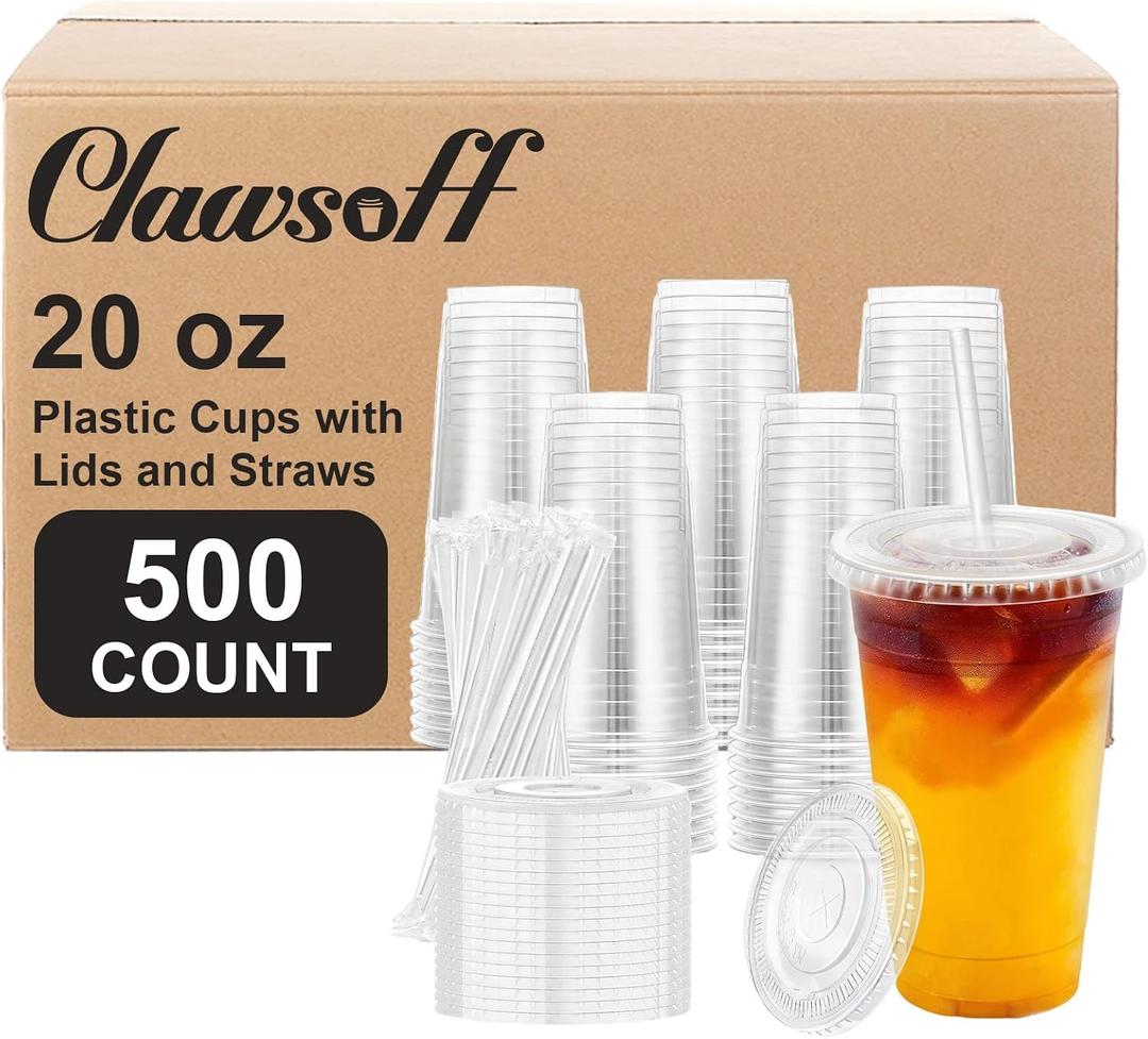 Clawsoff 500 Pack 20 oz Disposable Clear Plastic Cups with Lids and Straws