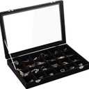 Frebeauty Velvet Jewelry Tray,24 Grid Jewelry Organizer with Clear Lid,Earring Holder Organizer with Clasp,Drawer Insert Rings Pendants Brooches,13.8 x 9.5 x 2 Inches,Gift for Women Girls(Black)