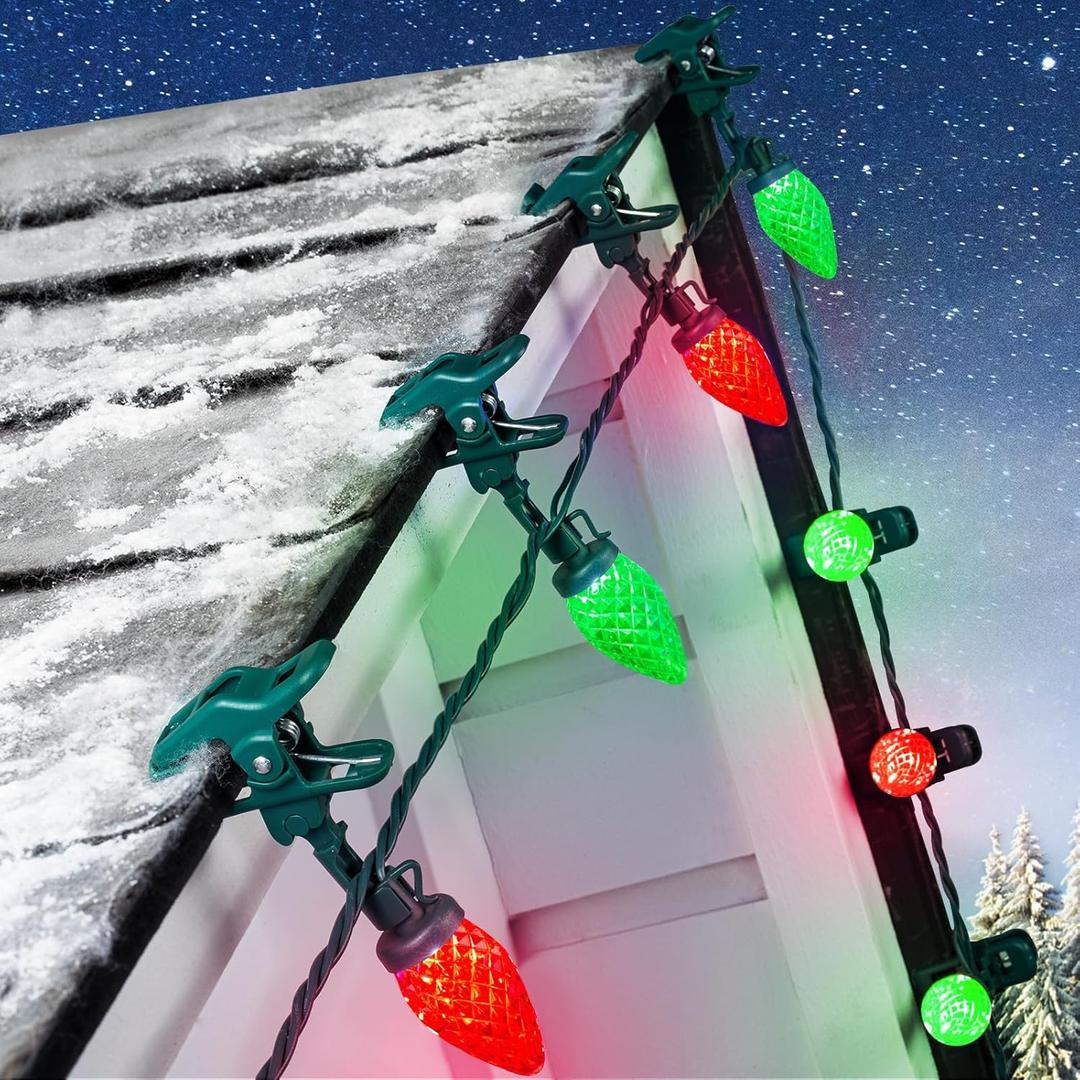 C9 LED Christmas Lights Outdoor, 68 Feet 100 LED Strawberry String Lights With 100 Spring Clamps, Waterproof Commercial Grade Extendable for Outside Roofline Patio Home Xmas Decoration, Red & Green