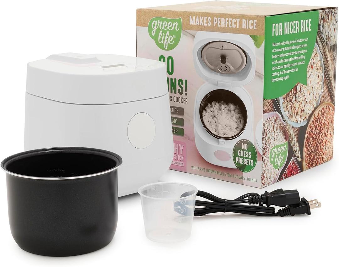 GreenLife Digital Rice Cooker, 2-Cups Uncooked/4-Cups Cooked, Removable Nonstick Ceramic PFAS-Free Pot, One-Touch Presets, Oats, Quinoa, Brown Rice, Auto Keep Warm, Fuzzy Logic Tech, 1.5QT, White