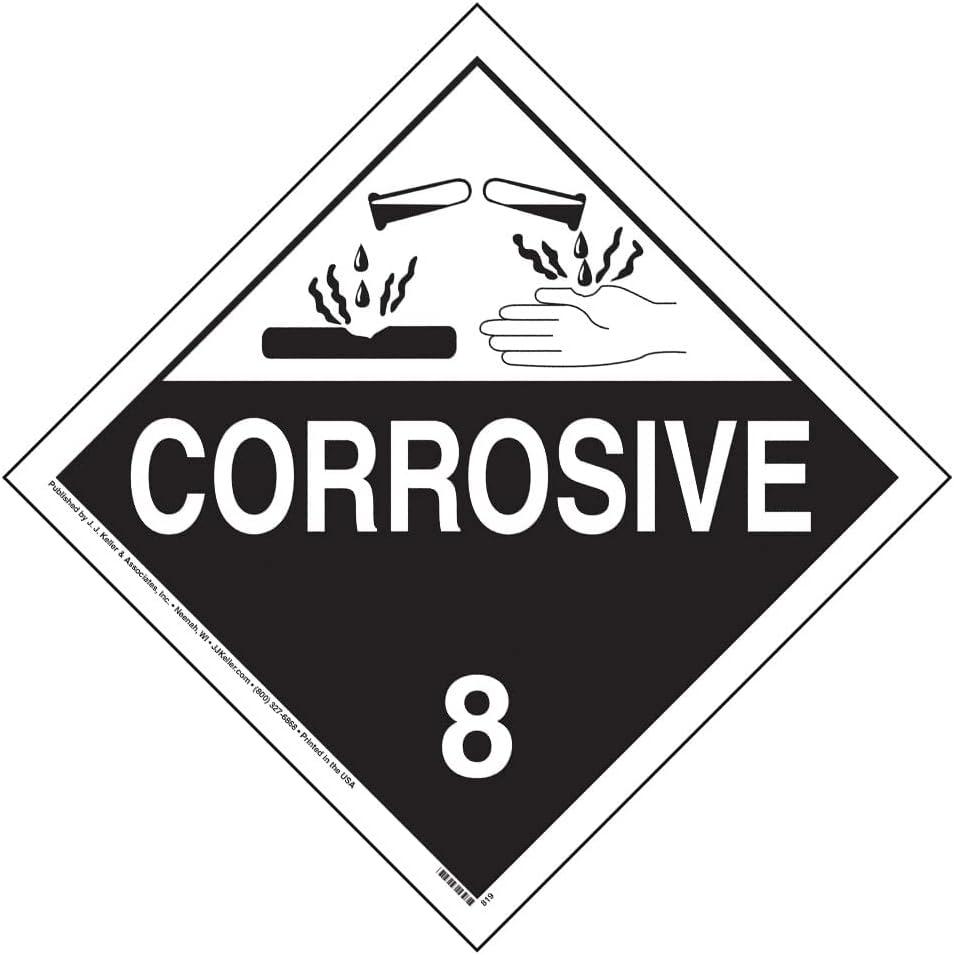 Class 8 Corrosive Placard, Worded, 10.75" x 10.75" Removable Self Adhesive Economy Vinyl for Short-Term Applications, DOT Hazmat Compliant, 25 Pack, J. J. Keller & Associates, Inc.