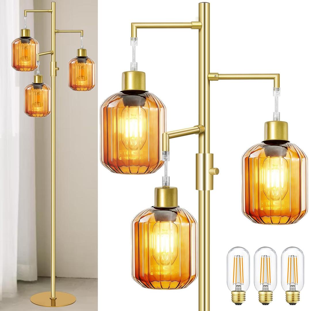 Gold Floor Lamp for Living Room, Modern Mid Century Standing Lamp with Amber Glass Shade, Dimmable Tall Tree Lamp with 36W LED Bulbs, Tall Lamp for Bedroom Office