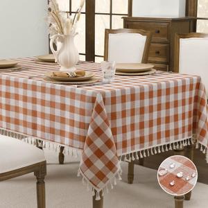 Romanstile Fall Checkered Tablecloth Rectangle, Thanksgiving Linen Cotton Gingham Table Cloth with Tassel, Wrinkle Free Buffalo Plaid Table Cover for Dining Party Decor - 55 x 70 Inch, Orange