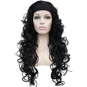 3/4 Band Headband wig Women's Dark Black Long Curly Wigs for Women ladies wigs Wiginway
