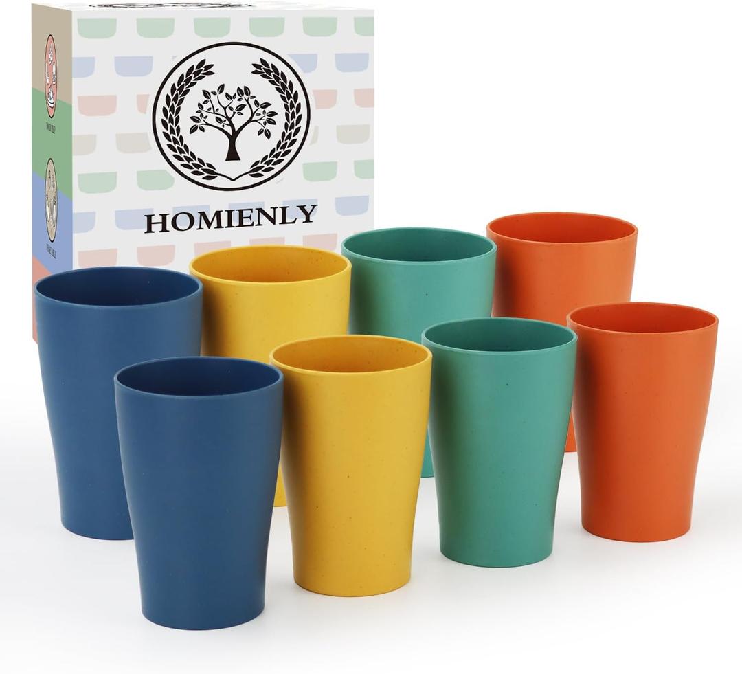 Homienly Stackable Drinking Glasses Set Wheat Straw Shatterproof Cups | Unbreakable Kitchen Cups for Kids & Adults | Reusable, Dishwasher Safe for Party, Outdoor (8 oz, Small) (8 PC Colorful)