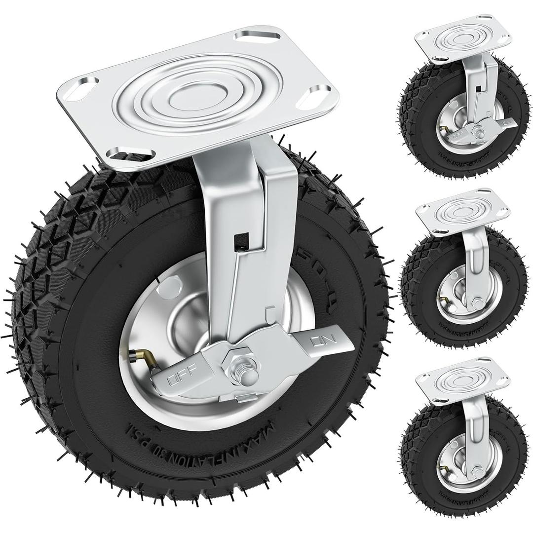 8 inch Casters Wheels, Heavy Duty Casters Set of 4 Load 880lbs with Brake, Locking Swivel Plate Caster, Industrial Castor Wheels for Workbench, Cart, Trolley, Wagon and Shelves