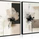Modern Abstract Floral Wall Art Minimalist Neutral Canvas Painting Decor Beige Cream And Black Wall Art Contemporary Flower Picture Prints for Living Room Bedroom 16x24 Inch Unframed Set of 2 (Ink Wash Flower Prints)